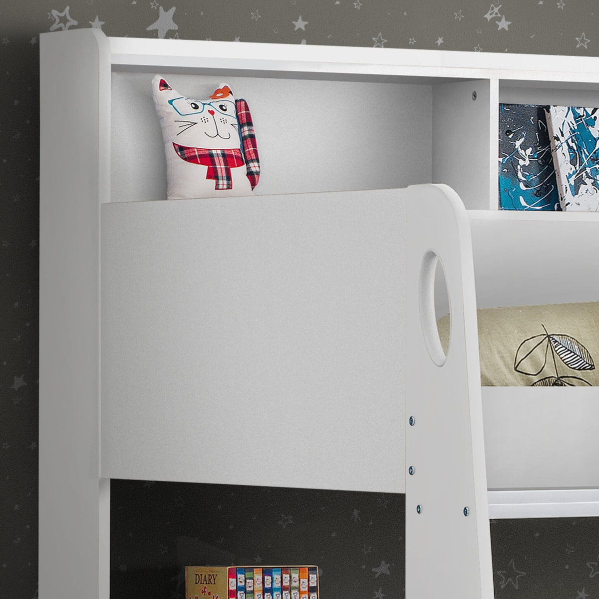 Ladder hand hole and shelving detail of this children's bunk bed in white