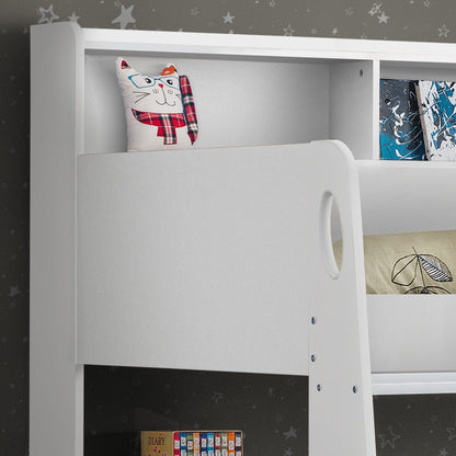 Ladder hand hole and shelving detail of this children's bunk bed in white