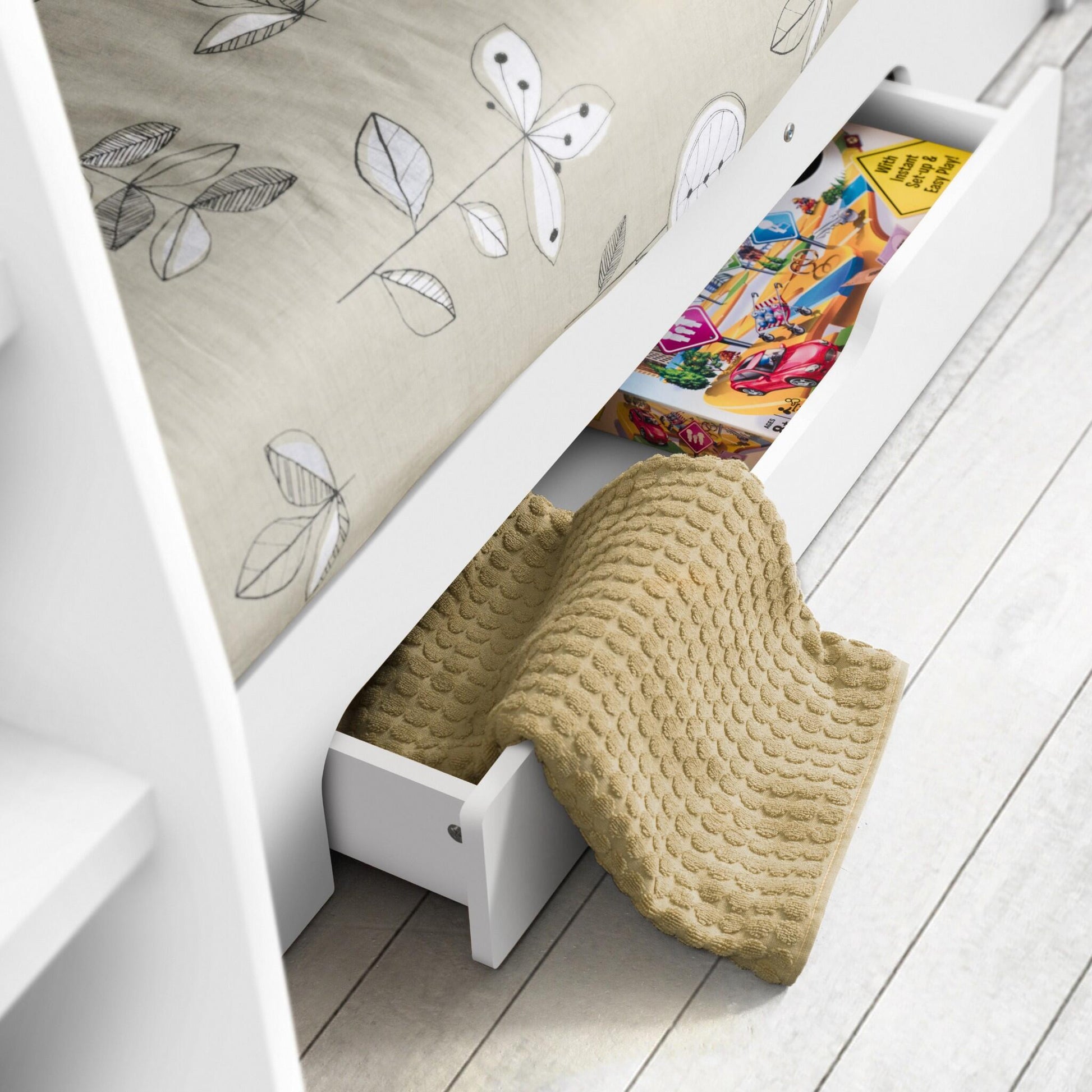 Open storage drawer of the Orion Bunk Bed in white