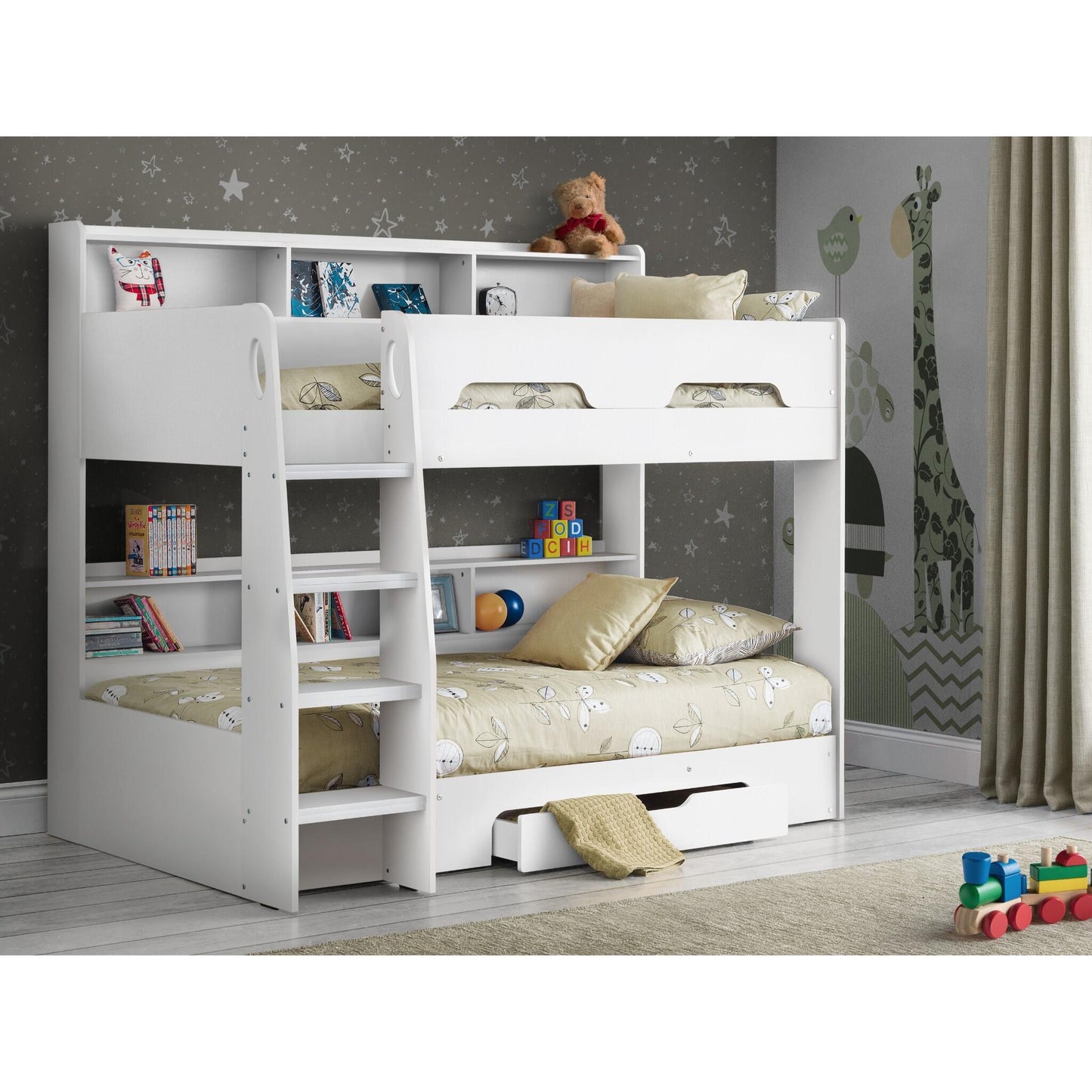 Wider bedroom view of the Orion Bunk Bed in white