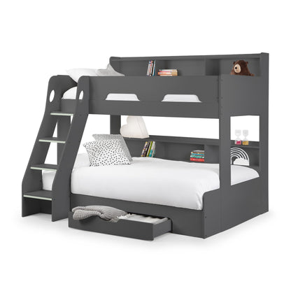 Styled angled view of this anthracite triple sleeper bunk bed with mattresses and open storage drawer