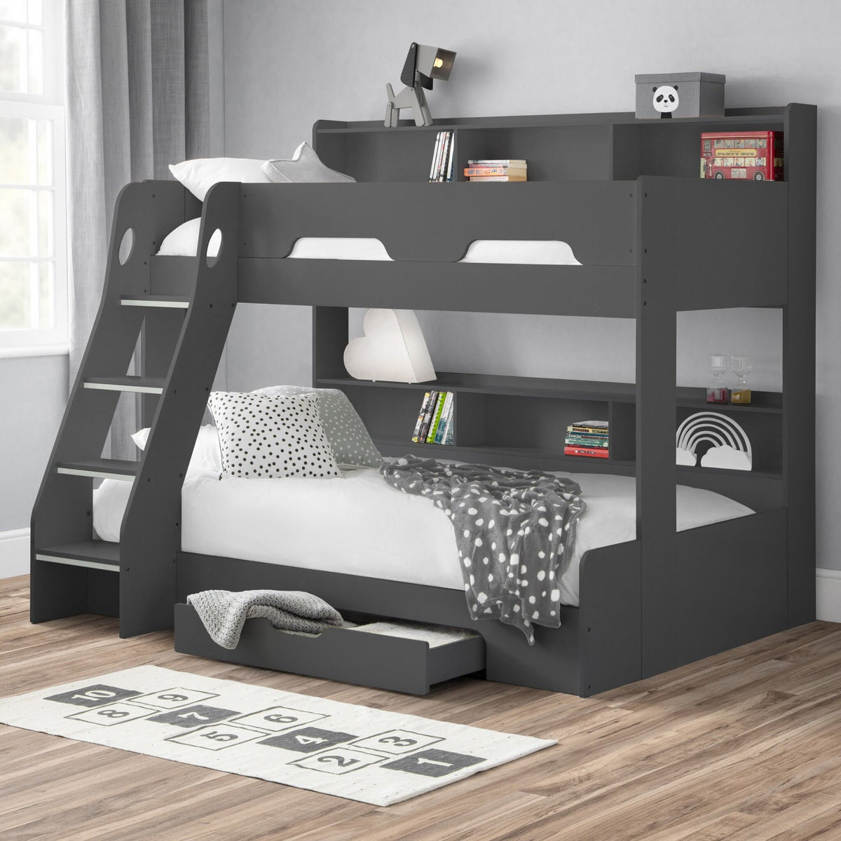 Orion Triple Sleeper Bunk Bed in anthracite styled in a child's bedroom setting