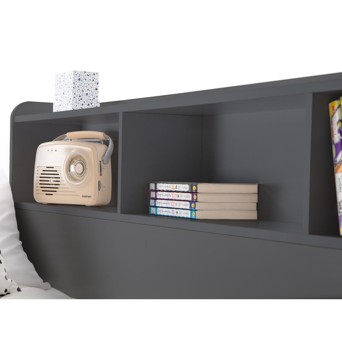 Shelving detail of the Orion Triple Sleeper Bunk Bed in anthracite