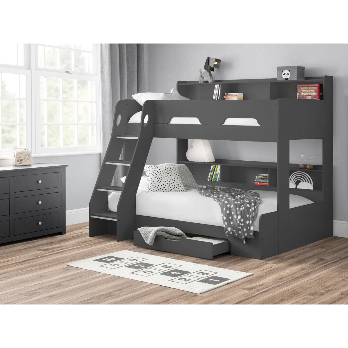 Orion Triple Sleeper Bunk Bed in anthracite shown in a wider bedroom setting