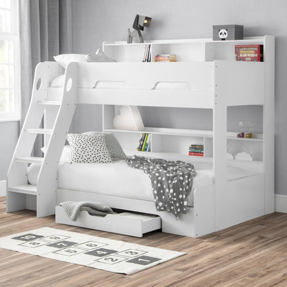 Orion Triple Sleeper Bunk Bed in white styled in a child's bedroom setting