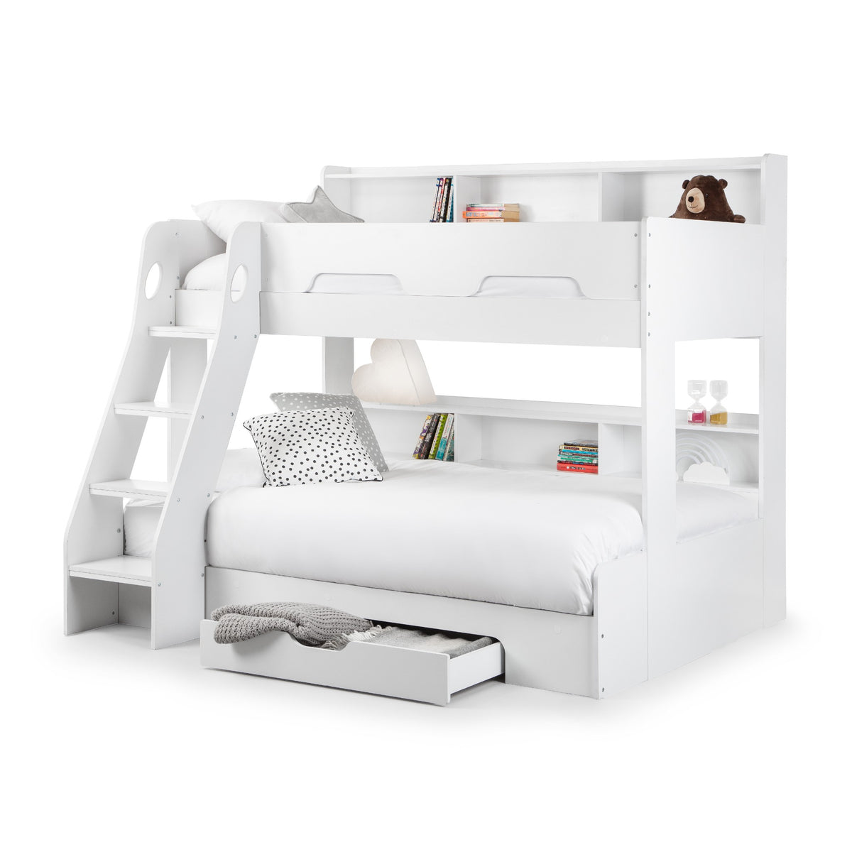 Styled angled view of this white triple sleeper bunk bed with mattresses and open storage drawer