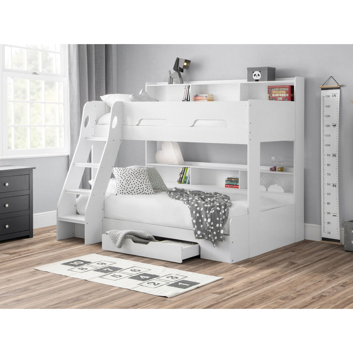 Orion Triple Sleeper Bunk Bed in white shown in a wider bedroom setting