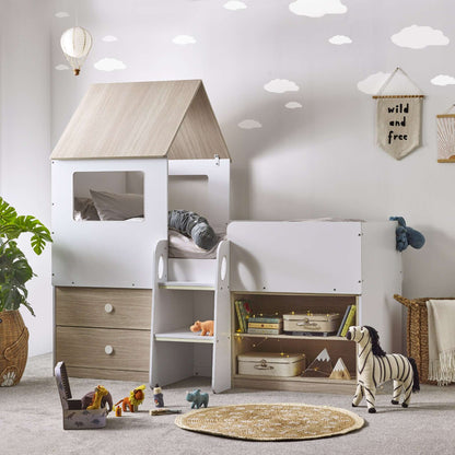 Orpheus Mid Sleeper House Bed with pale wood styling in a child's bedroom setting