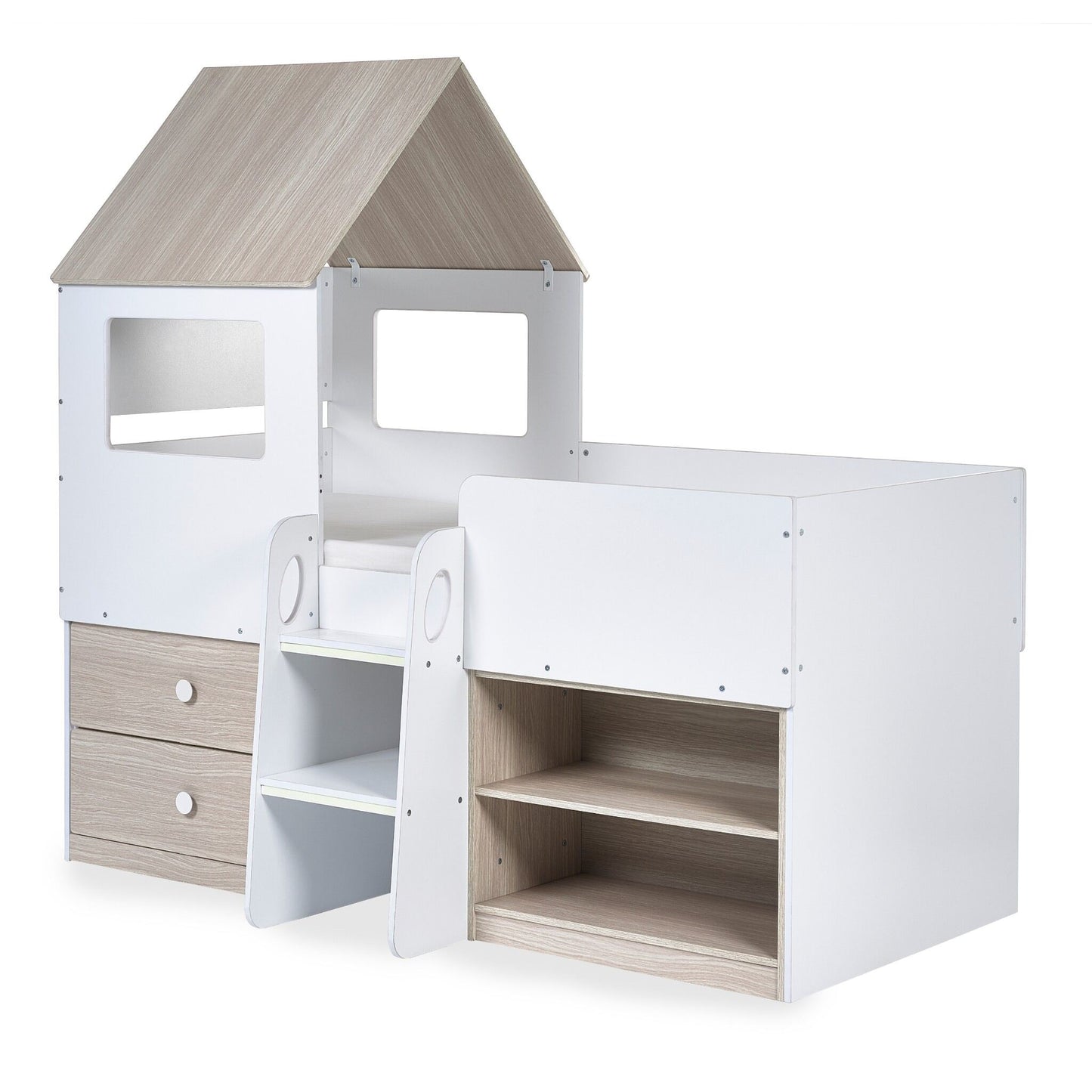 Front view of the Orpheus Mid Sleeper House Bed with pale wood styling