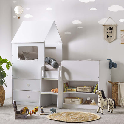 Orpheus Mid Sleeper House Bed in white shown in a child's bedroom setting