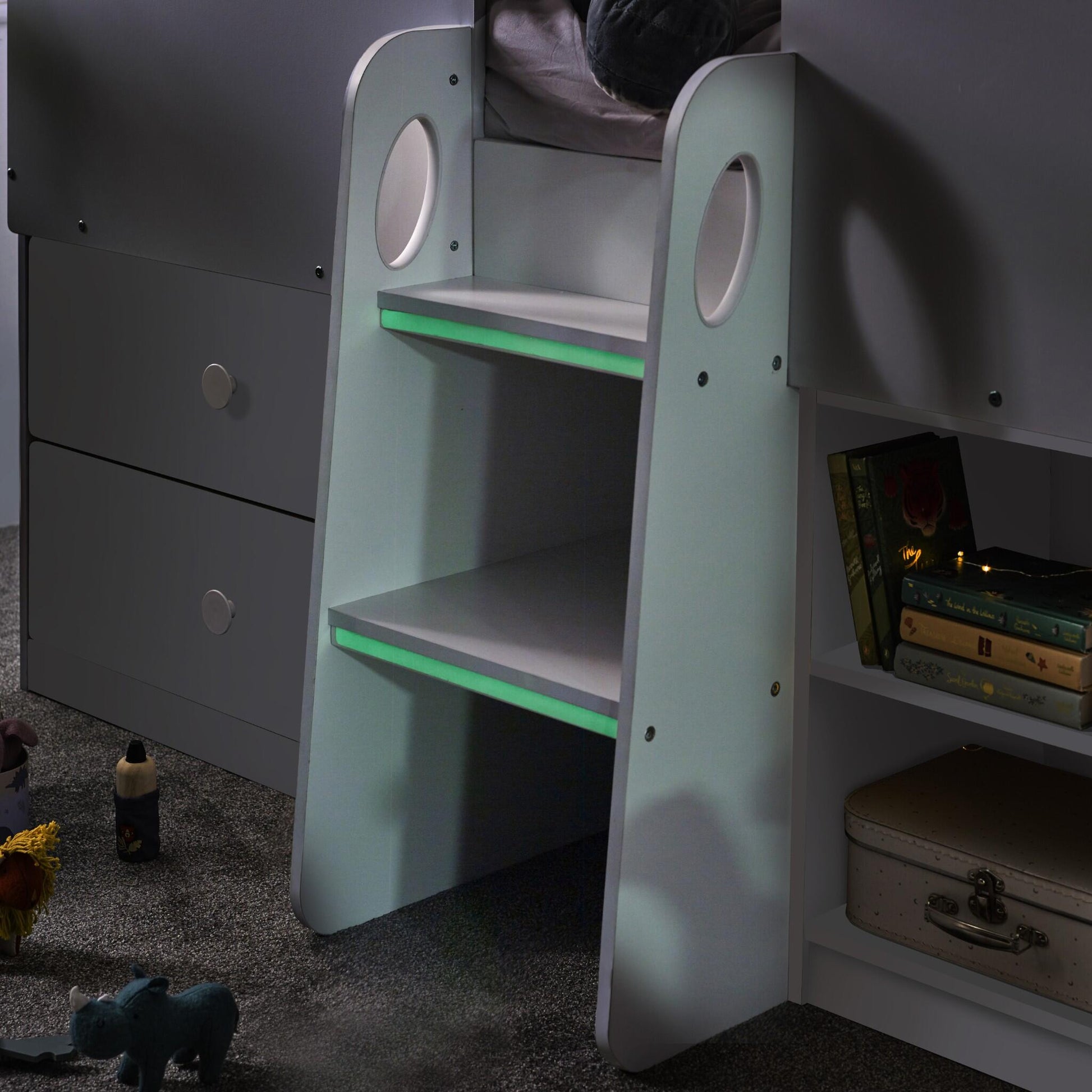 Luminous ladder steps of the Orpheus Mid Sleeper House Bed in white