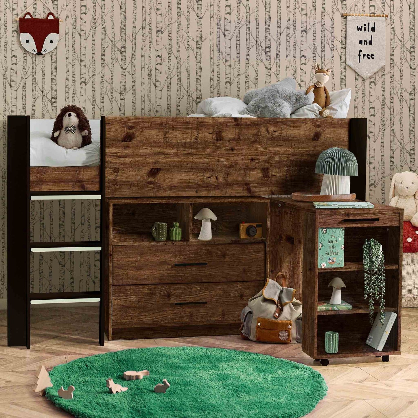 Otis Mid Sleeper Bed in urban rustic shown in a children’s bedroom setting