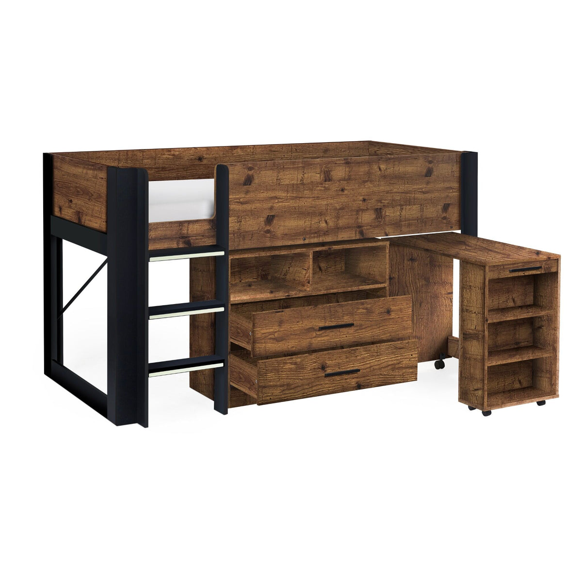 Extended desk and open drawers of this children's mid sleeper bed in urban rustic