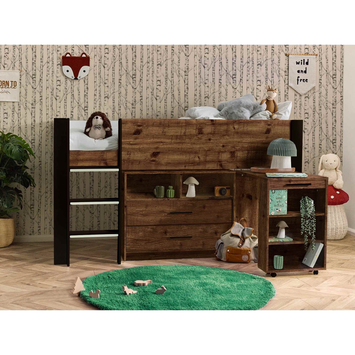 Otis Mid Sleeper Bed in urban rustic shown in a wider bedroom setting
