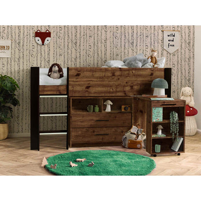 Otis Mid Sleeper Bed in urban rustic shown in a wider bedroom setting