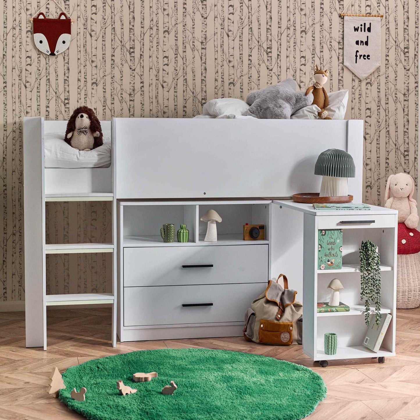 Otis Mid Sleeper Bed in white shown in a children’s bedroom setting