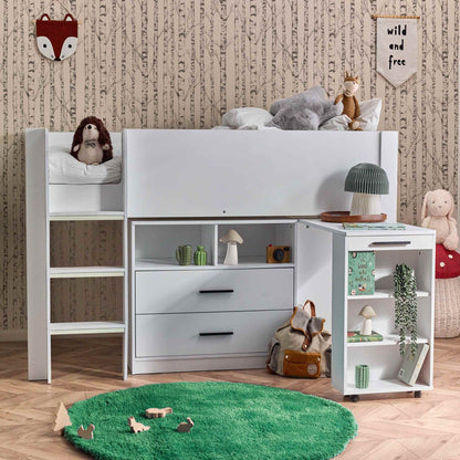 Otis Mid Sleeper Bed in white shown in a children’s bedroom setting