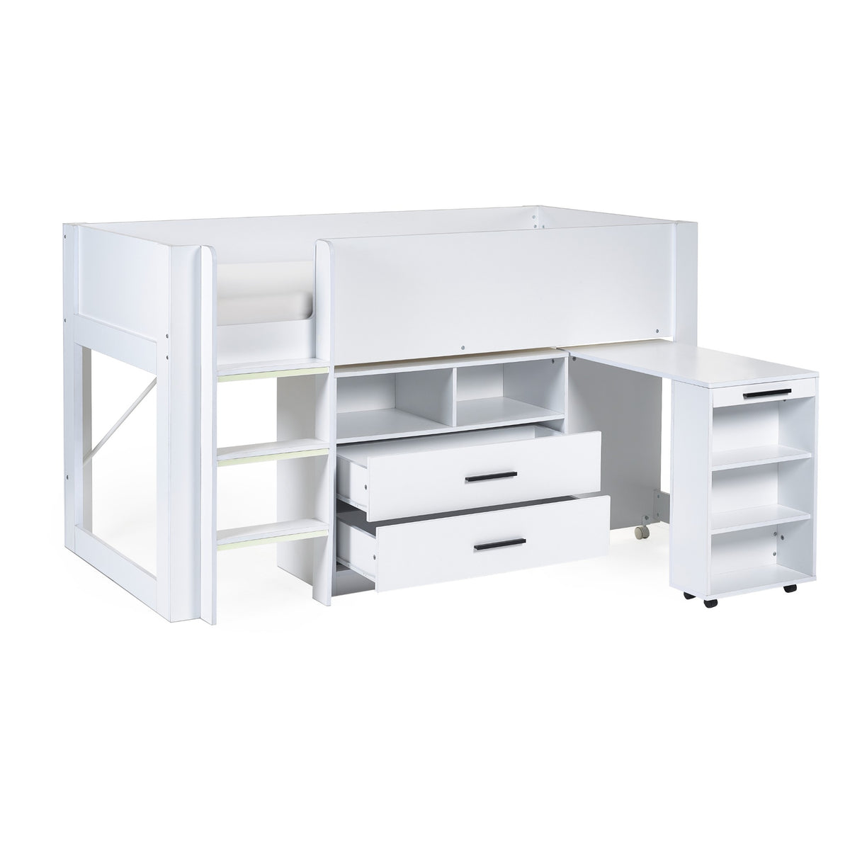 Extended desk and open drawers of this children's mid sleeper bed in white