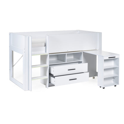 Extended desk and open drawers of this children's mid sleeper bed in white