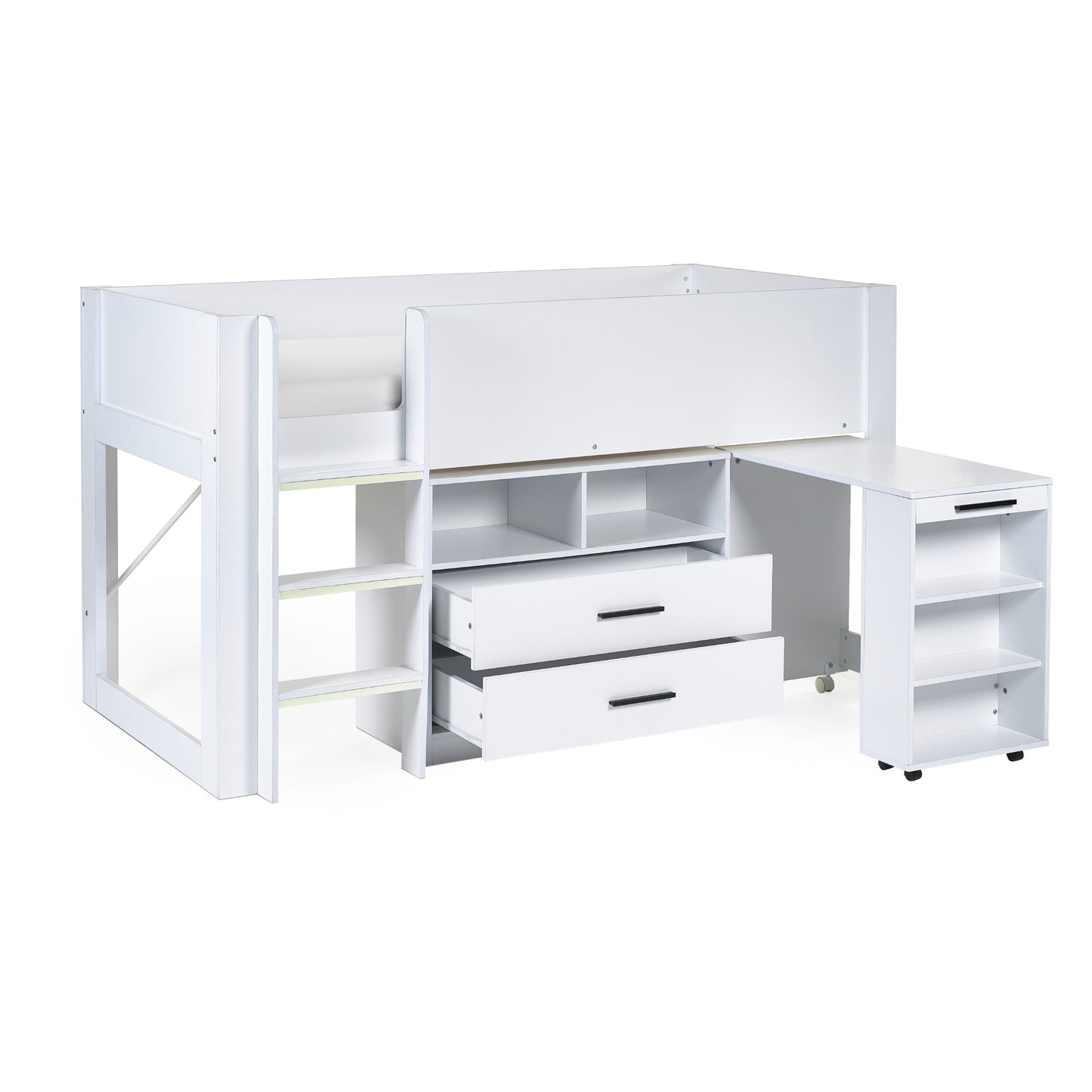 Extended desk and open drawers of Otis Mid Sleeper Bed in white