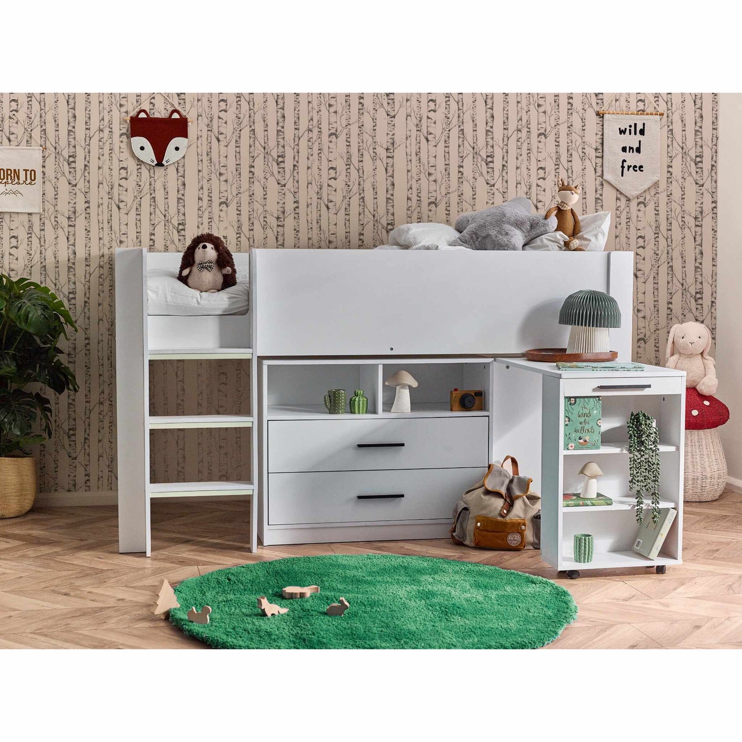 Otis Mid Sleeper Bed in urban rustic shown in a wider bedroom setting