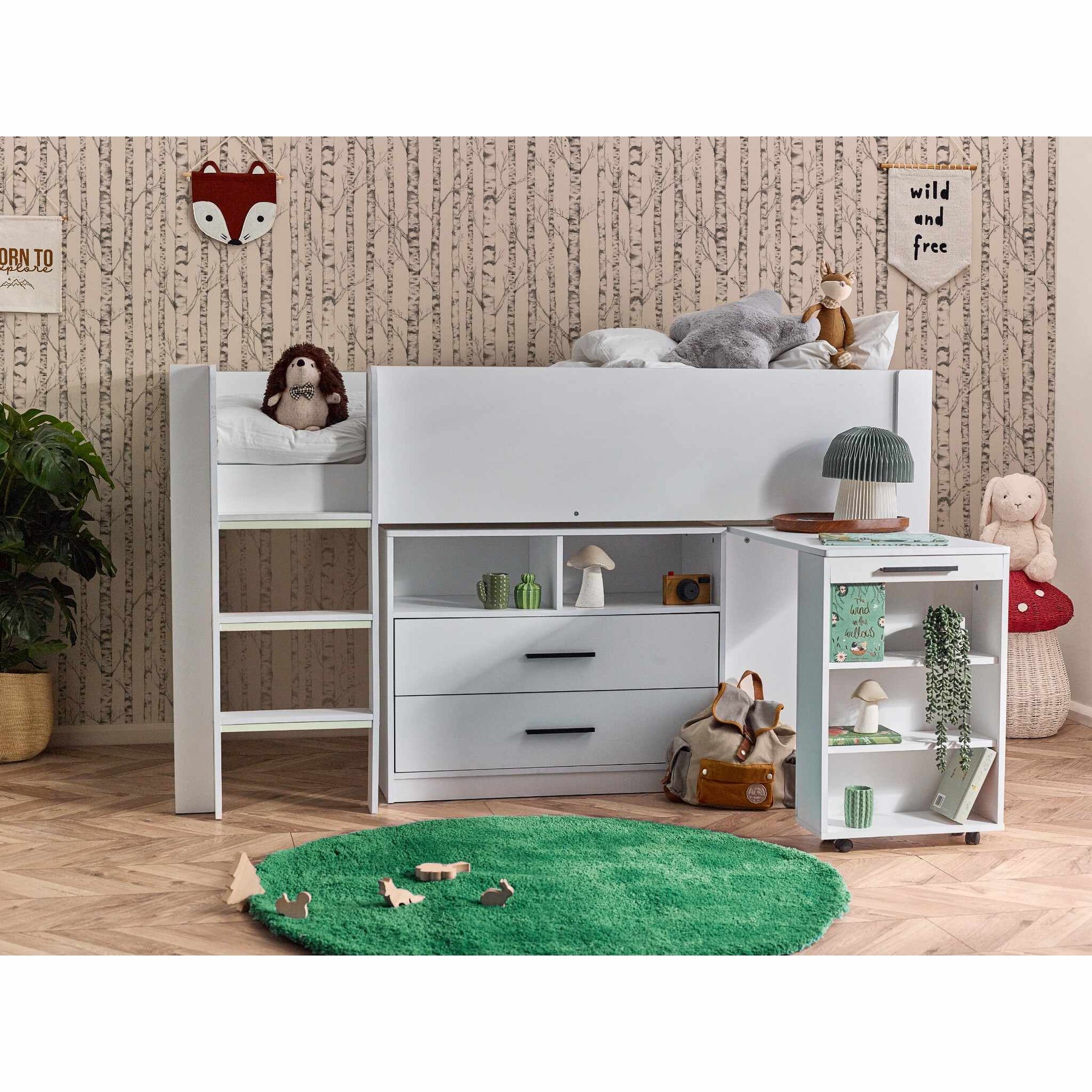 Otis Mid Sleeper Bed in urban rustic shown in a wider bedroom setting