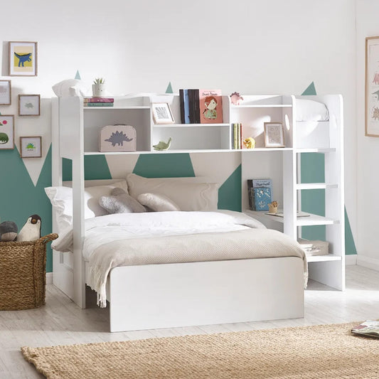 Owen Triple Sleeper Bunk Bed in white shown in a child's bedroom setting
