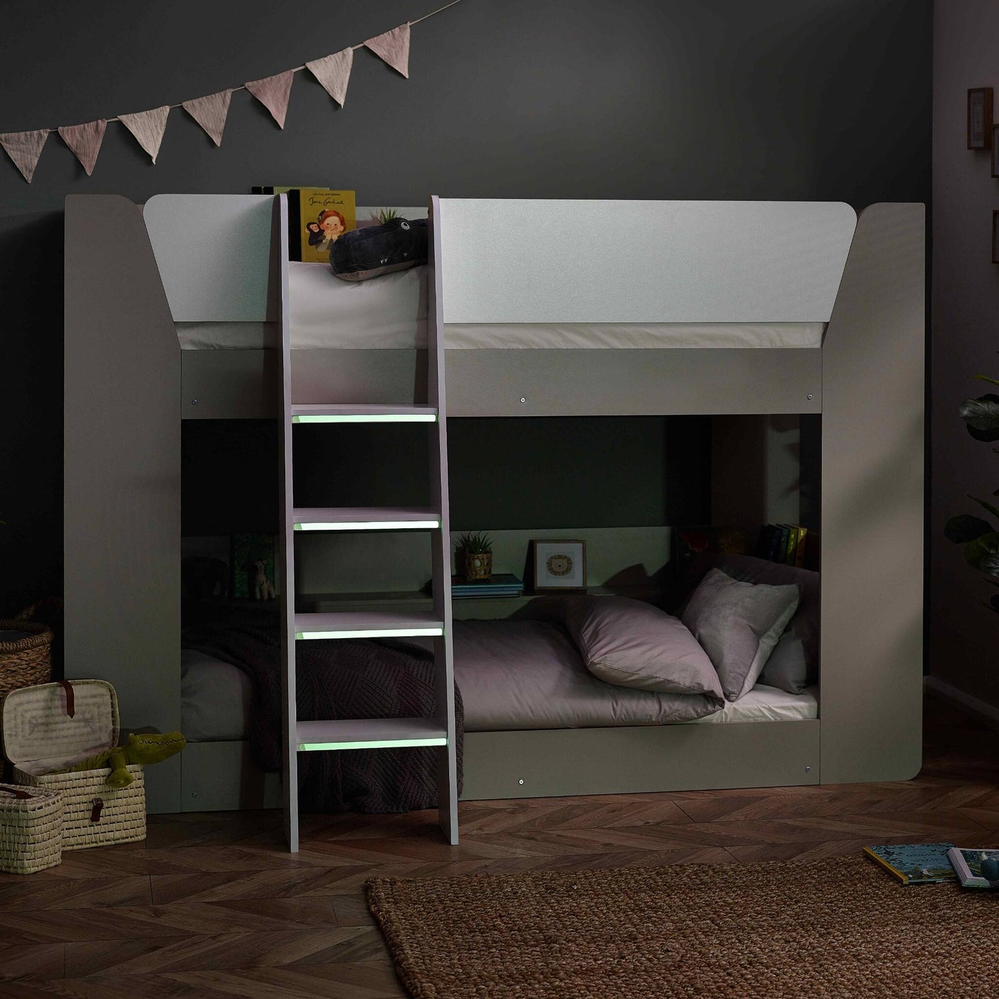 Parsec Bunk Bed in taupe shown in low lighting with luminous steps on show