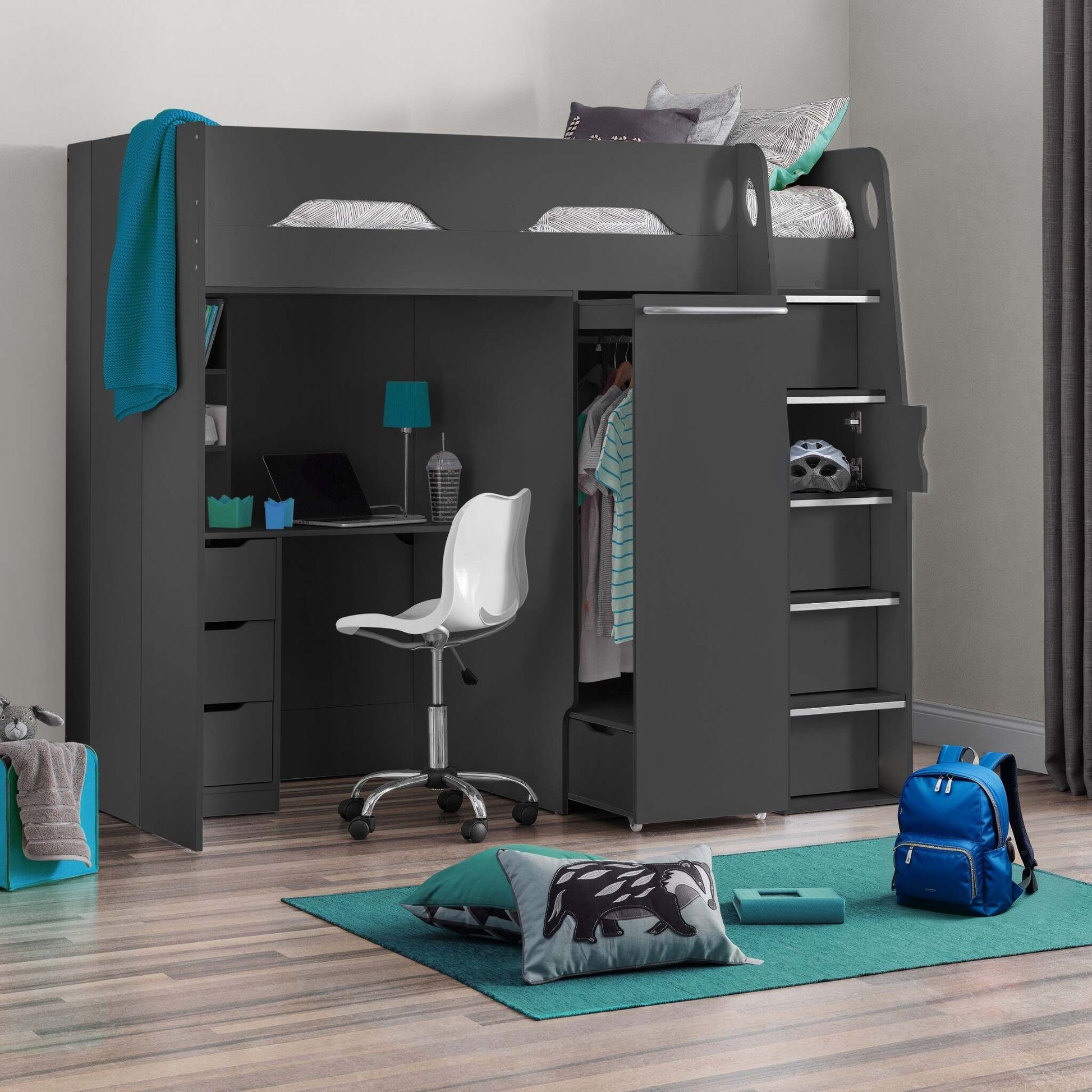 Pegasus High Sleeper Storage Bed in anthracite styled in a bedroom setting