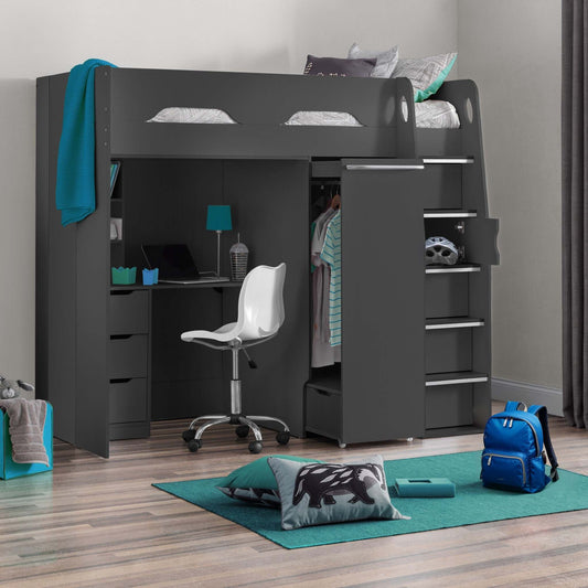 Pegasus High Sleeper Storage Bed in anthracite styled in a bedroom setting