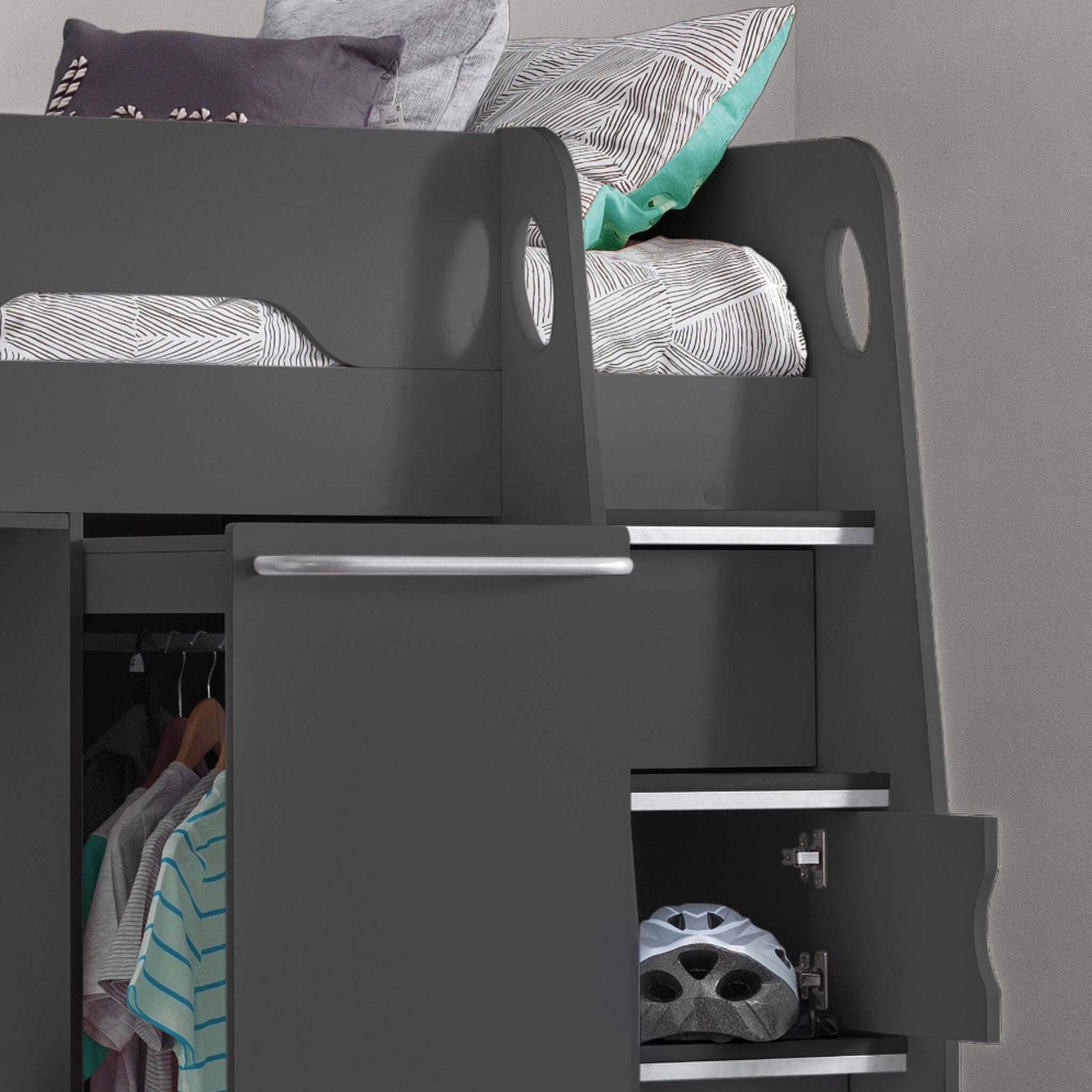 Ladder hand hole and safety rail detail of this children's high sleeper bed in anthracite