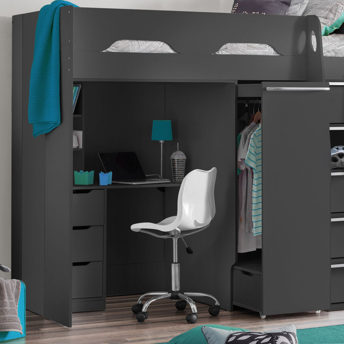Pull-out wardrobe, desk and storage detail of the Pegasus High Sleeper Bed in anthracite