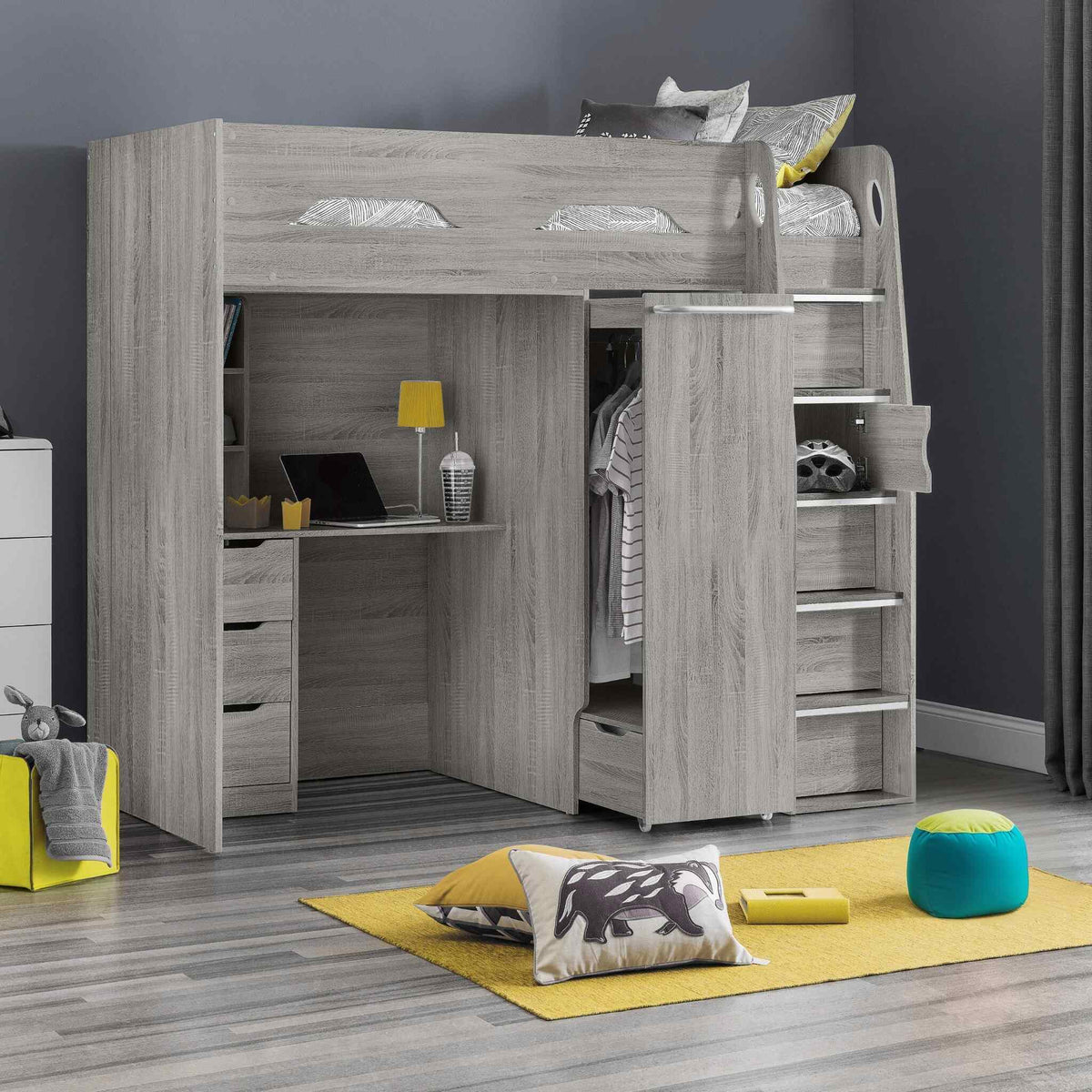 Pegasus High Sleeper Storage Bed in grey oak styled in a bedroom setting