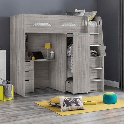 Pegasus High Sleeper Storage Bed in grey oak styled in a bedroom setting