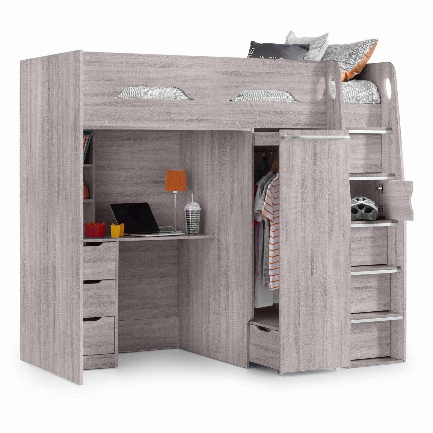 Front view of the Pegasus High Sleeper Storage Bed in grey oak