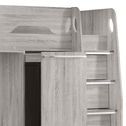 Ladder hand hole and safety rail detail of this children's high sleeper bed in grey oak