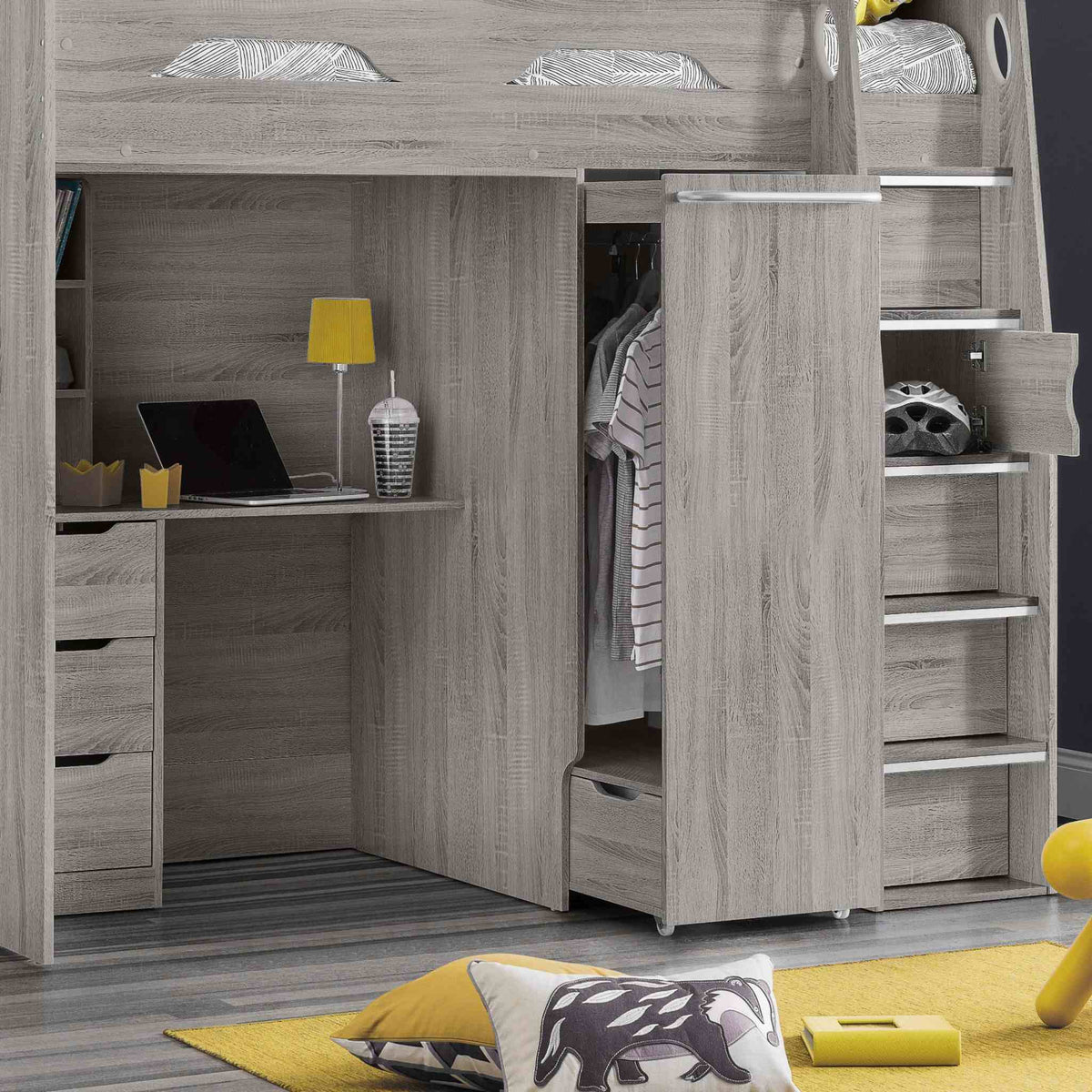 Pull-out wardrobe, desk and storage detail of the Pegasus High Sleeper Bed in grey oak