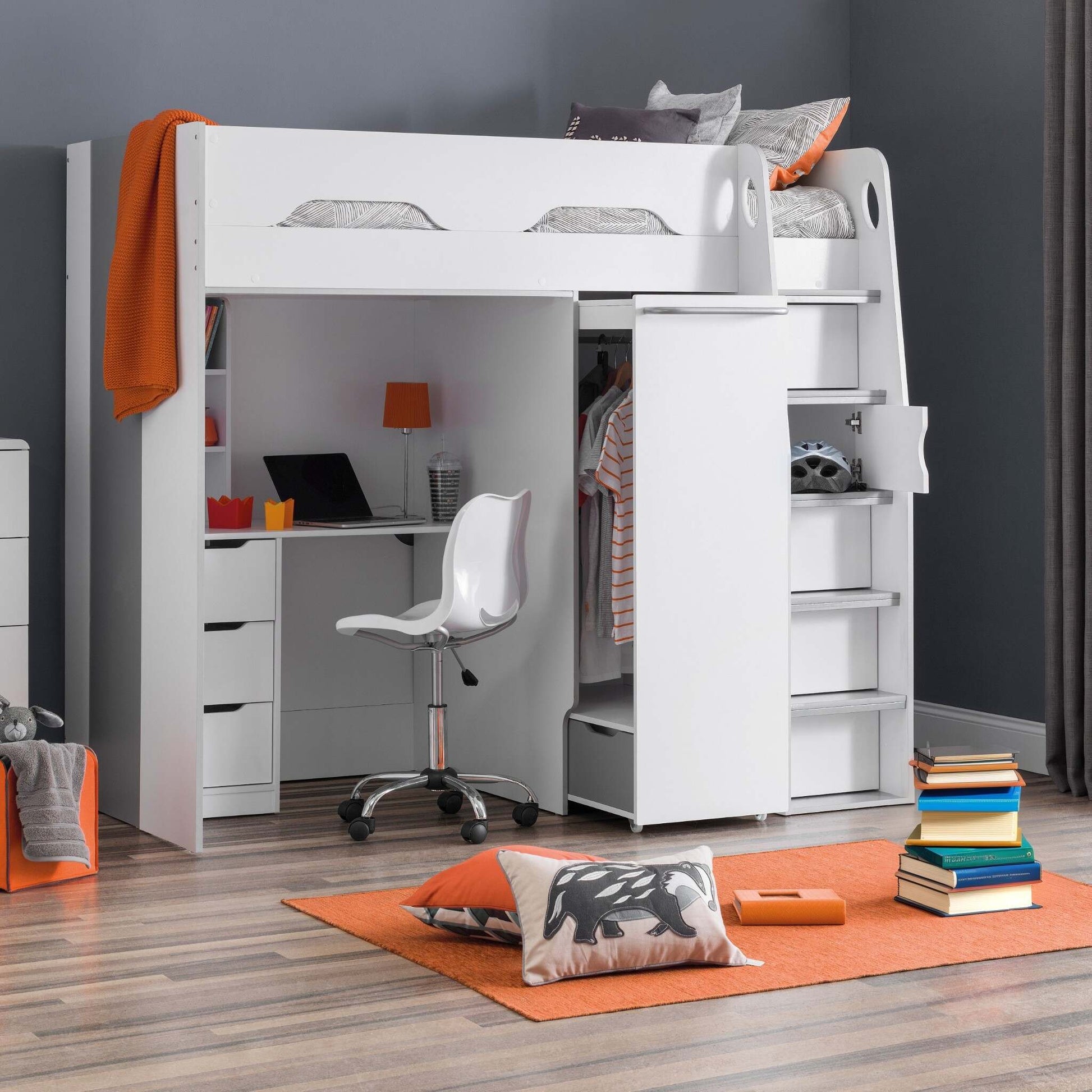 Pegasus High Sleeper Storage Bed in white styled in a bedroom setting