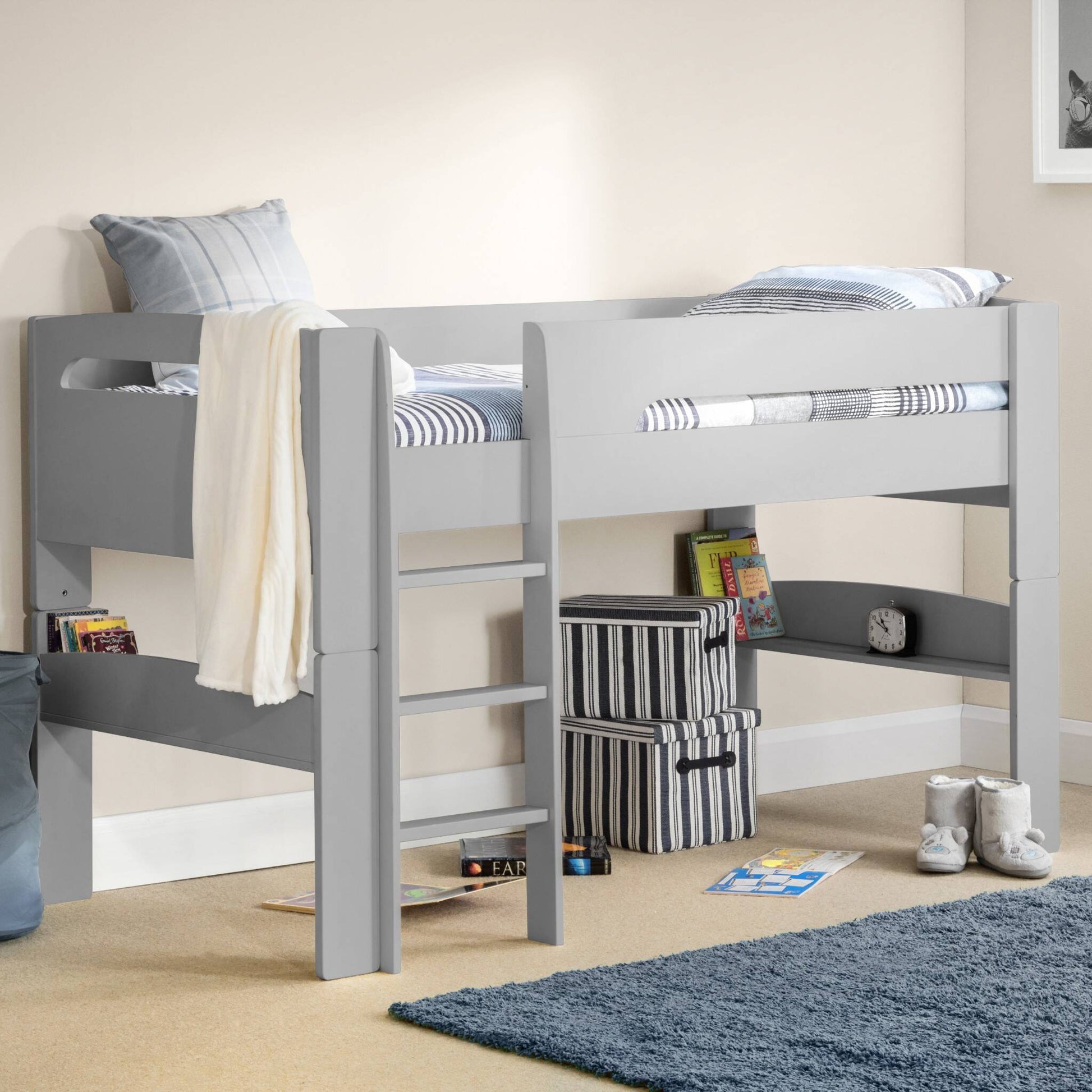 Pluto Cabin Bed finished in dove grey shown in a bedroom setting