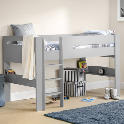 Pluto Mid Sleeper Bed finished in dove grey shown in a bedroom setting