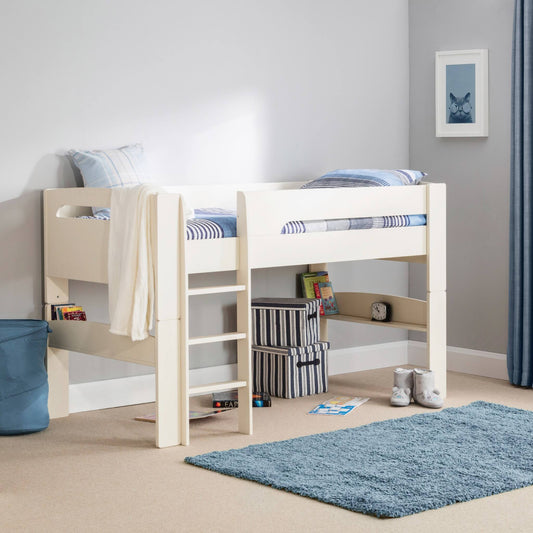 Pluto Mid Sleeper Bed finished in stone white shown in a bedroom setting
