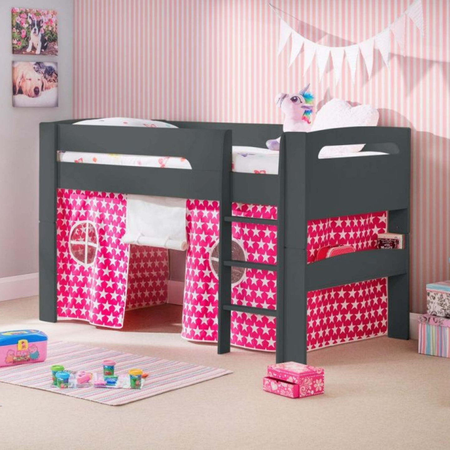 Pluto Mid Sleeper Bed finished in anthracite with a Pink Star Tent fitted. Shown in a child's bedroom setting.