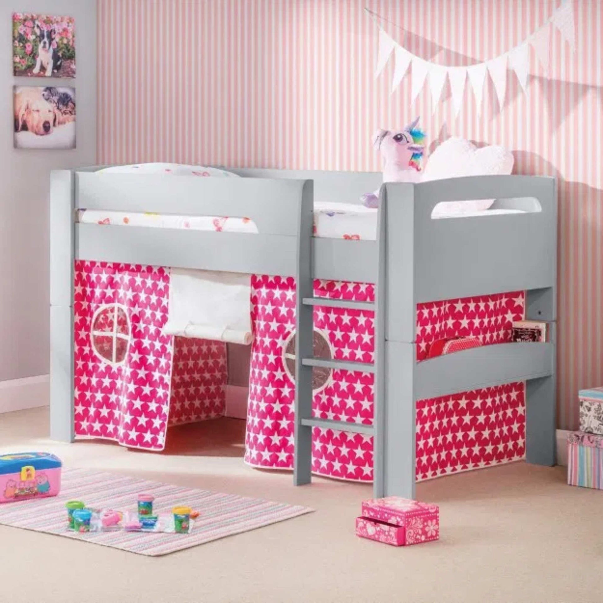 Pluto Mid Sleeper Bed finished in dove grey with a Pink Star Tent fitted. Shown in a child's bedroom setting.