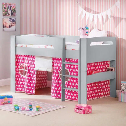 Pluto Mid Sleeper Bed finished in dove grey with a Pink Star Tent fitted. Shown in a child's bedroom setting.