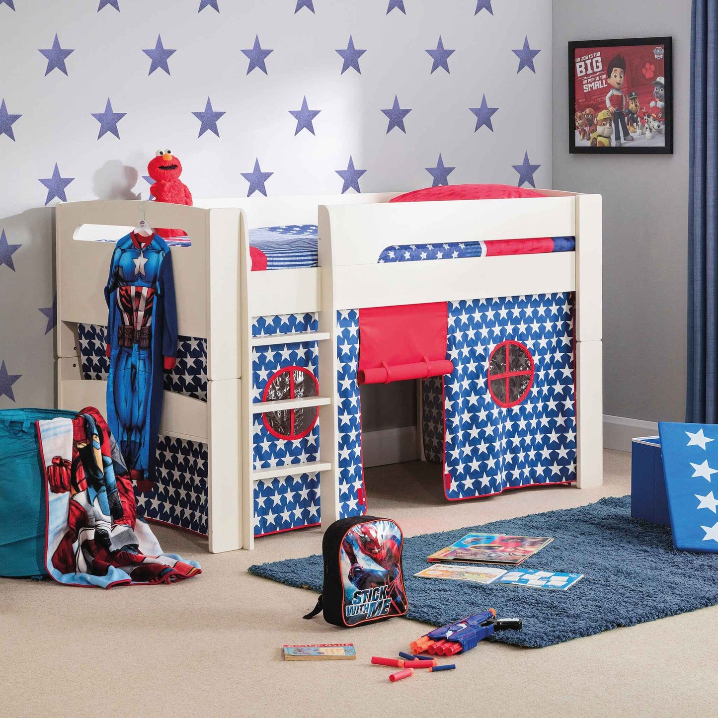 Pluto Mid Sleeper Bed finished in stone white with a Blue Star Tent fitted. Shown in a child's bedroom setting.