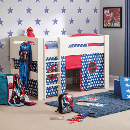 Pluto Mid Sleeper Bed finished in stone white with a Blue Star Tent fitted. Shown in a child's bedroom setting.