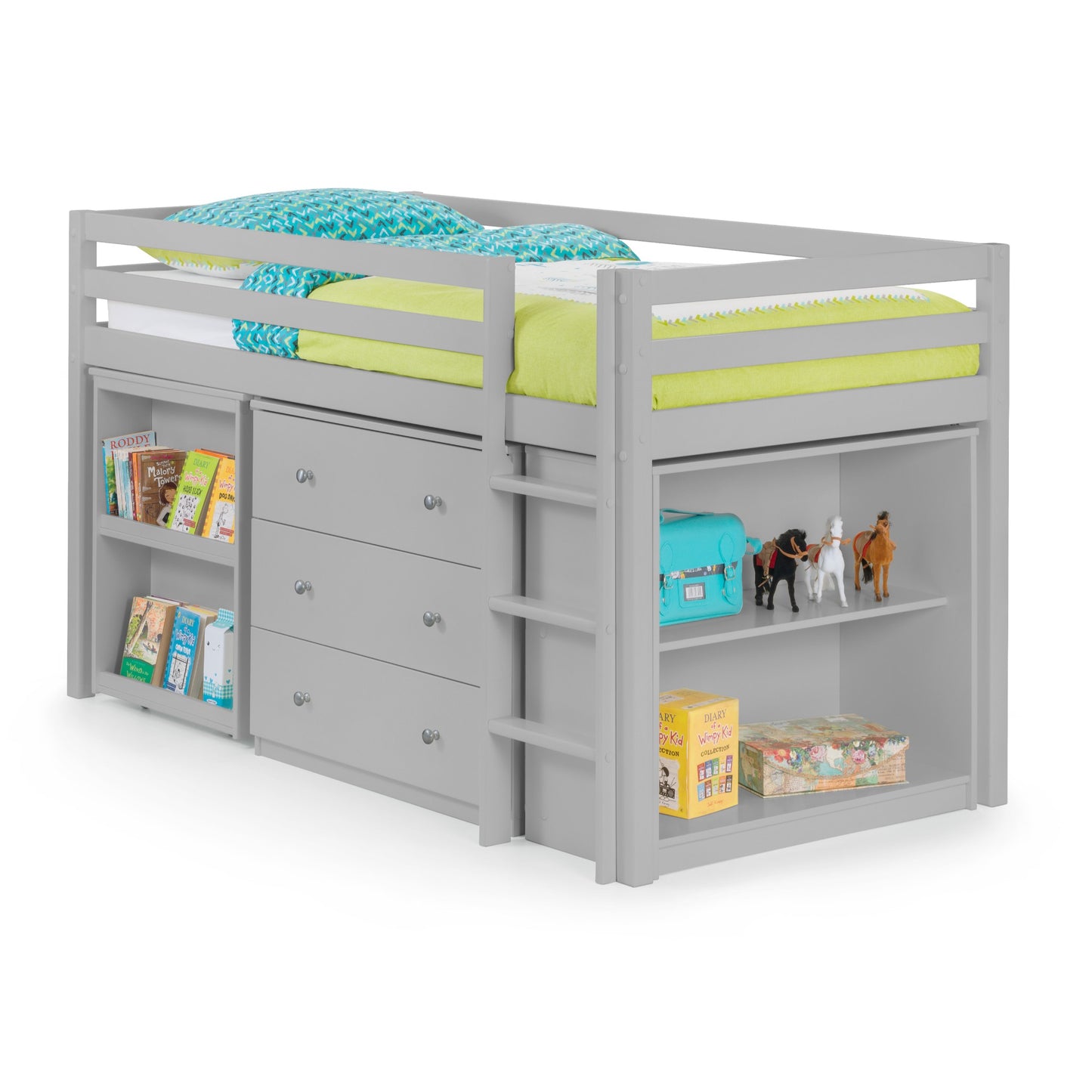 Angled view of the Roxy Sleepstation Mid Sleeper Bed in dove grey