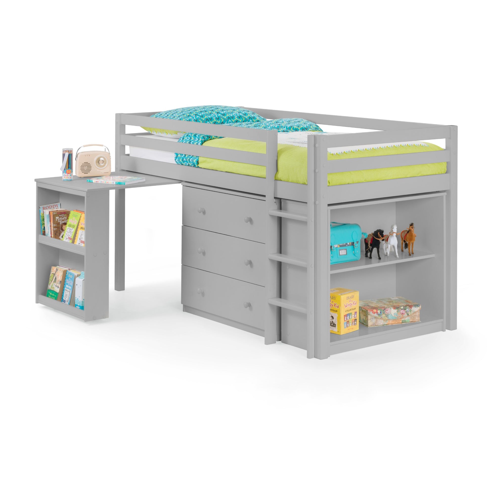 Extended desk view of this children's mid sleeper bed in dove grey