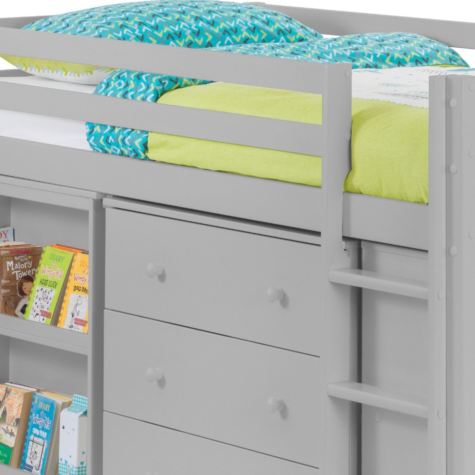 Ladder, safety rail and drawer detail of the Roxy Sleepstation Bed in dove grey