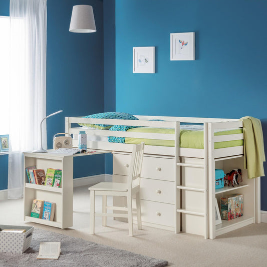 Roxy Sleepstation Mid Sleeper Bed in stone white shown in a bedroom setting 